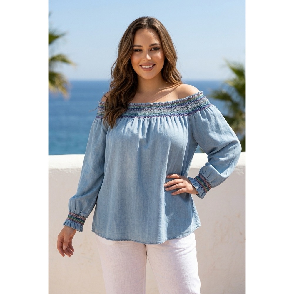 Velvet Heart Blue‎ Tencel Off the Shoulder Smocked Rainbow Blouse XL FGW-2165SC